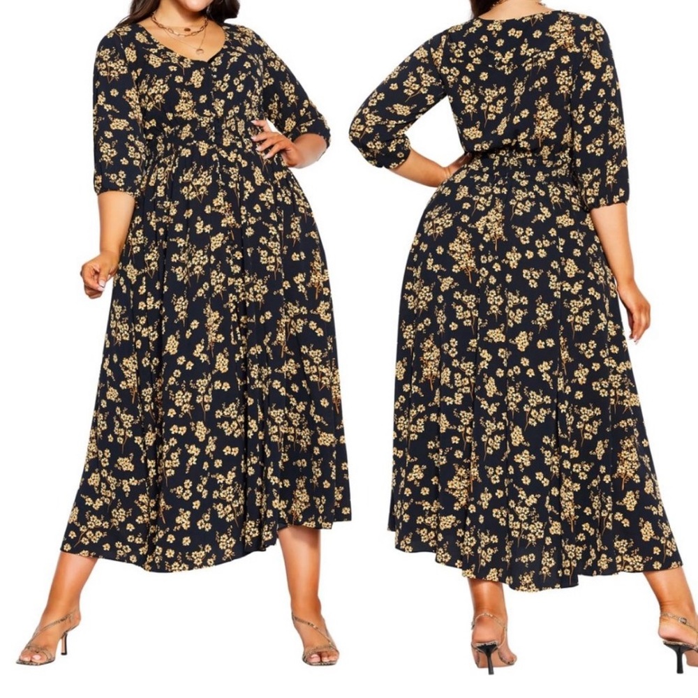 City Chic Black and Golden Posy Desire Floral Maxi Dress
